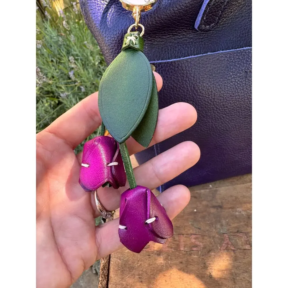 Genuine Leather Purple Tulip Bag Charm Tulip Spring Purple Flower Leather Charm